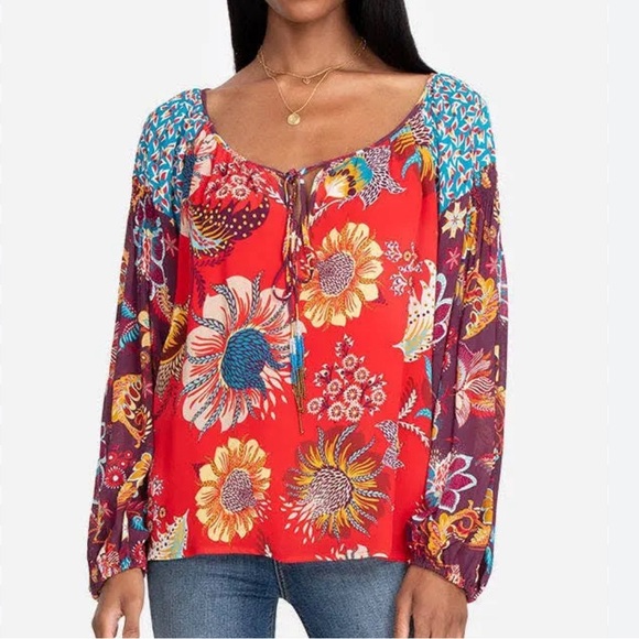 JOHNNY WAS x JADE “Tasha” Boho Floral Peasant Top Blouse Beaded Tassels Size XS - Picture 2 of 11